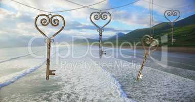 3D Heart Keys floating over sea coast