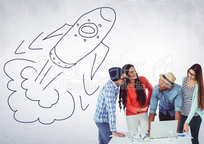 Creative people with hand-drawn rocket