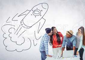Creative people with hand-drawn rocket
