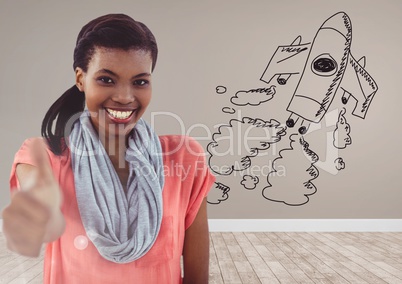 Creative woman with hand-drawn rocket