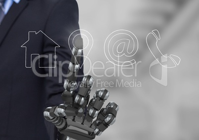 bionic hand pointing at contact icon interface