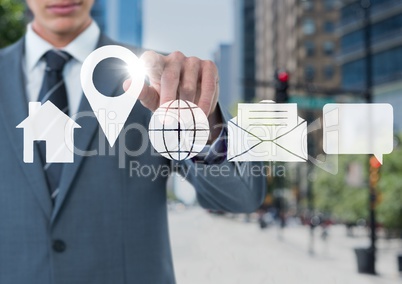 businessman using contact icon interface on street