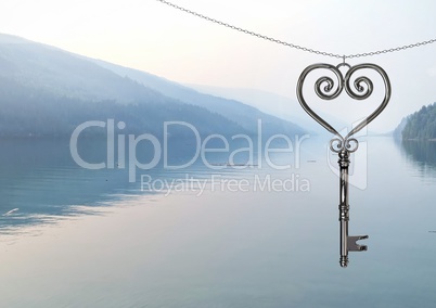 3D Heart Key hanging over lake 3D Heart Key hanging over lake