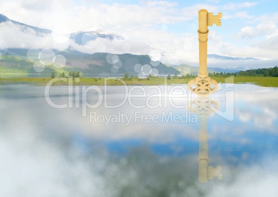 3D Key floating over lake