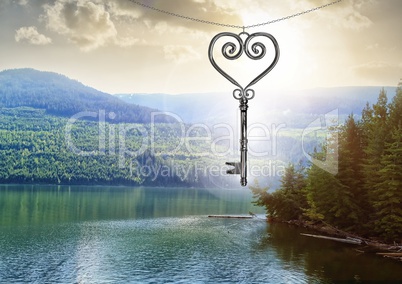 3D Heart Key floating over mountain lake