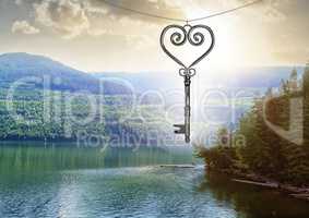 3D Heart Key floating over mountain lake