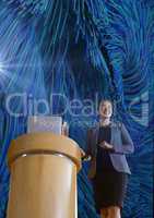 hero shot of female presenter against abstract 3d background
