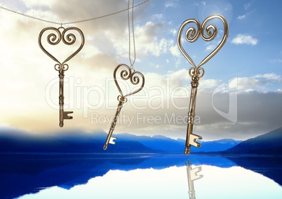 3D Heart keys floating over lake