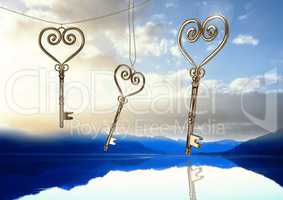 3D Heart keys floating over lake