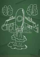 hand-drawn rocket and brains on green background