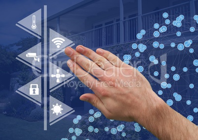 Hand touching tablet with smart home interface and connectors