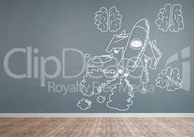 hand-drawn rocket and brains on grey wall