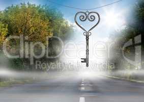 3D Heart Key floating over road