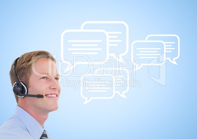 Happy call center assitsant with headset with chat icons on the side