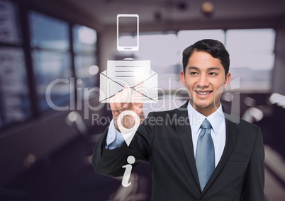 smiling businessman using contact icon interface