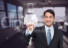 smiling businessman using contact icon interface