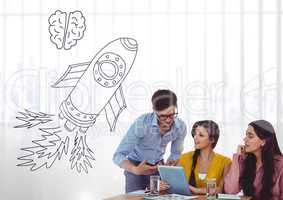 Creative people with hand-drawn rocket and brain