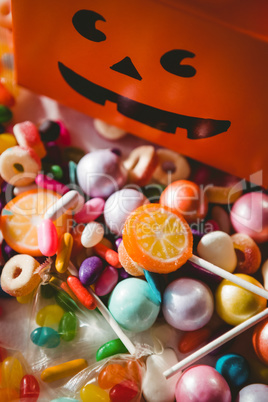 View of various sweet food by orange box