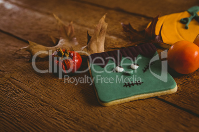 Food with autumn leaves on table