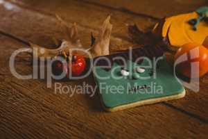 Food with autumn leaves on table