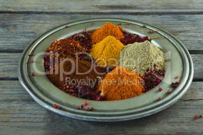 Various type of spices in plate on wooden table