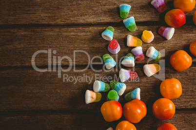 Overhead view of colorful sweet food on table