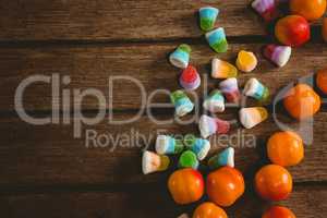 Overhead view of colorful sweet food on table