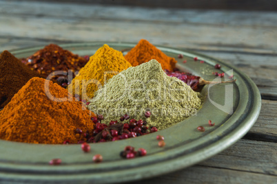 Various type of spices in plate on wooden table