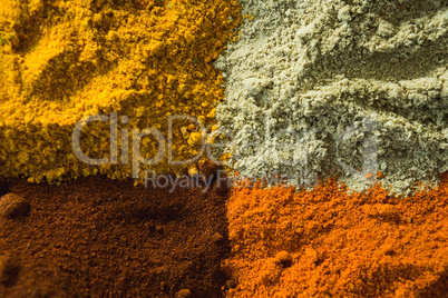 Close-up of various spices arranged