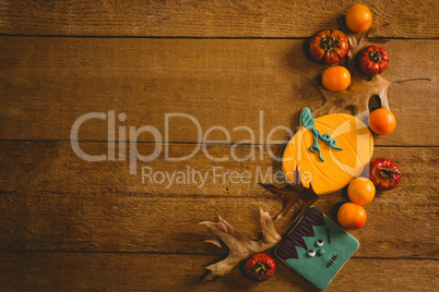 Overhead view of food with autumn leaves on table