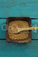 Coriander seeds in wooden bowl