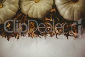 Overhead view of pumpkins and autumn leaves