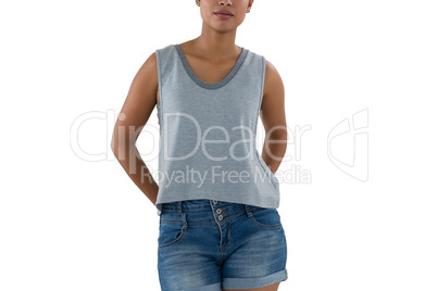 Mid section of young woman in casual clothing