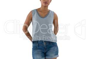 Mid section of young woman in casual clothing
