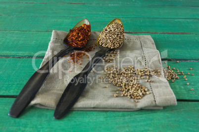 Crushed red pepper and coriander seeds in spoon
