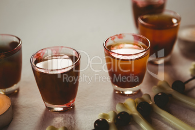 High angle view of drinks by decoration