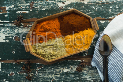 Various spice powder in wooden tray