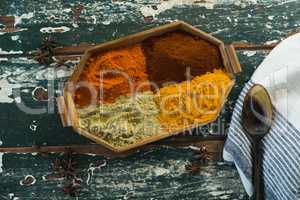 Various spice powder in wooden tray
