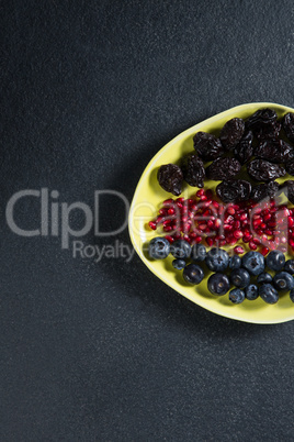 High angle view of various fruits in plate