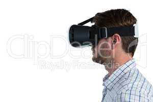 Man using virtual reality headset against white background