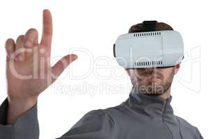 Man gesturing while using virtual reality headset