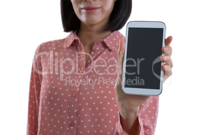 Mid-section of woman showing mobile phone