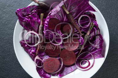 Overhead view of vegetables in plate