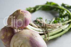 Close-up of turnips on table