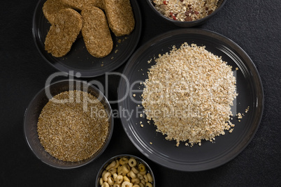 Bowls of various breakfast cereals