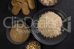 Bowls of various breakfast cereals