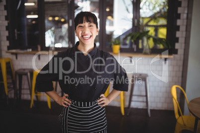 Portrait of cheerful young waitress standing with hands on hip