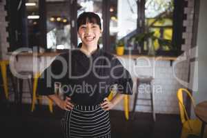 Portrait of cheerful young waitress standing with hands on hip