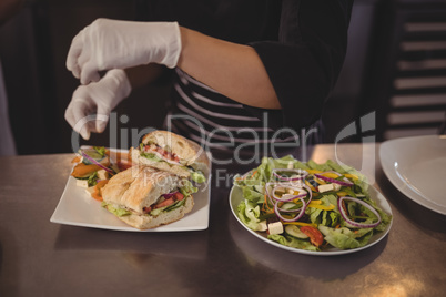 Midsection of female chef with fresh burgers and salad in plate on counter