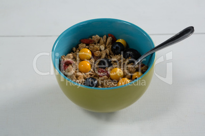 Bowl of breakfast cereals with spoon